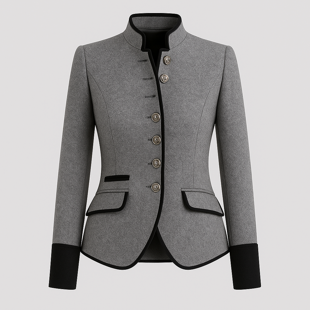 Wool blazer with stand collar and contrast trim, designed for polished professional and smart-casual wear