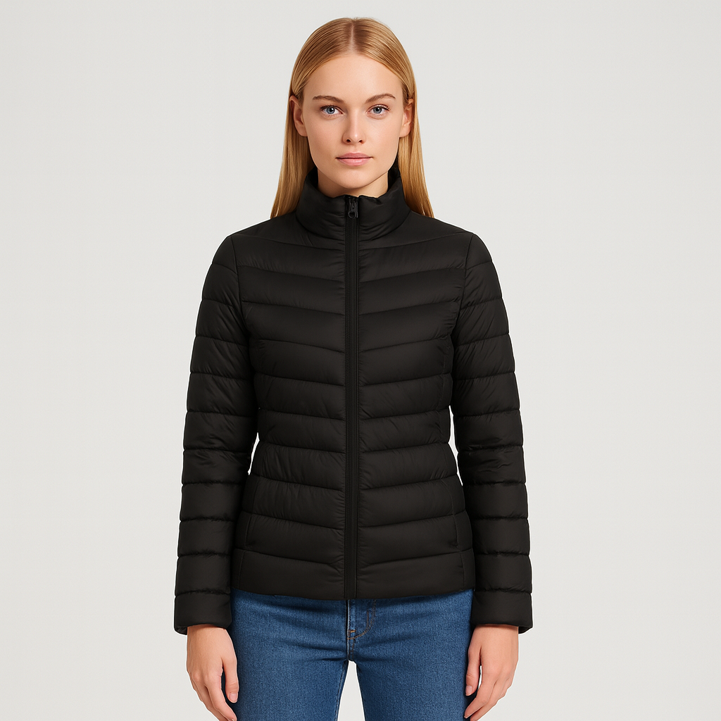 A lightweight quilted puffer jacket with a high stand collar, front zipper closure, and long sleeves.