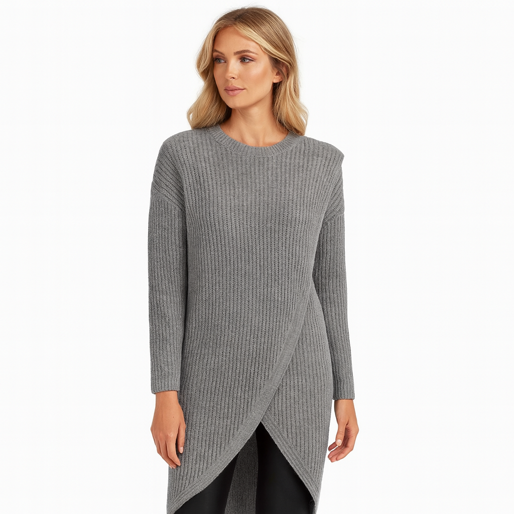 Ribbed knit long-sleeve dress with a round neckline and overlapping front hem design.