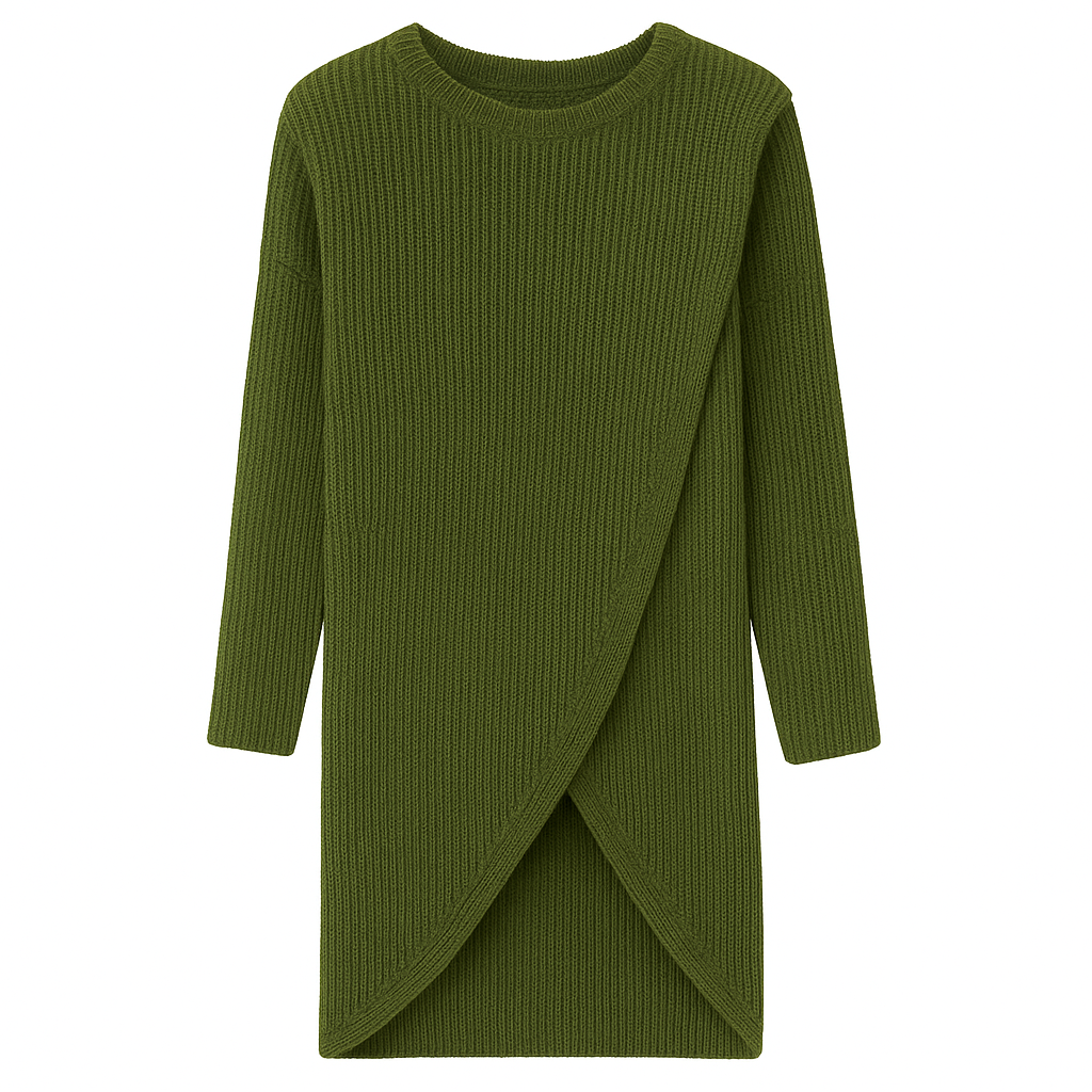 Ribbed knit long-sleeve dress with a round neckline and overlapping front hem design.