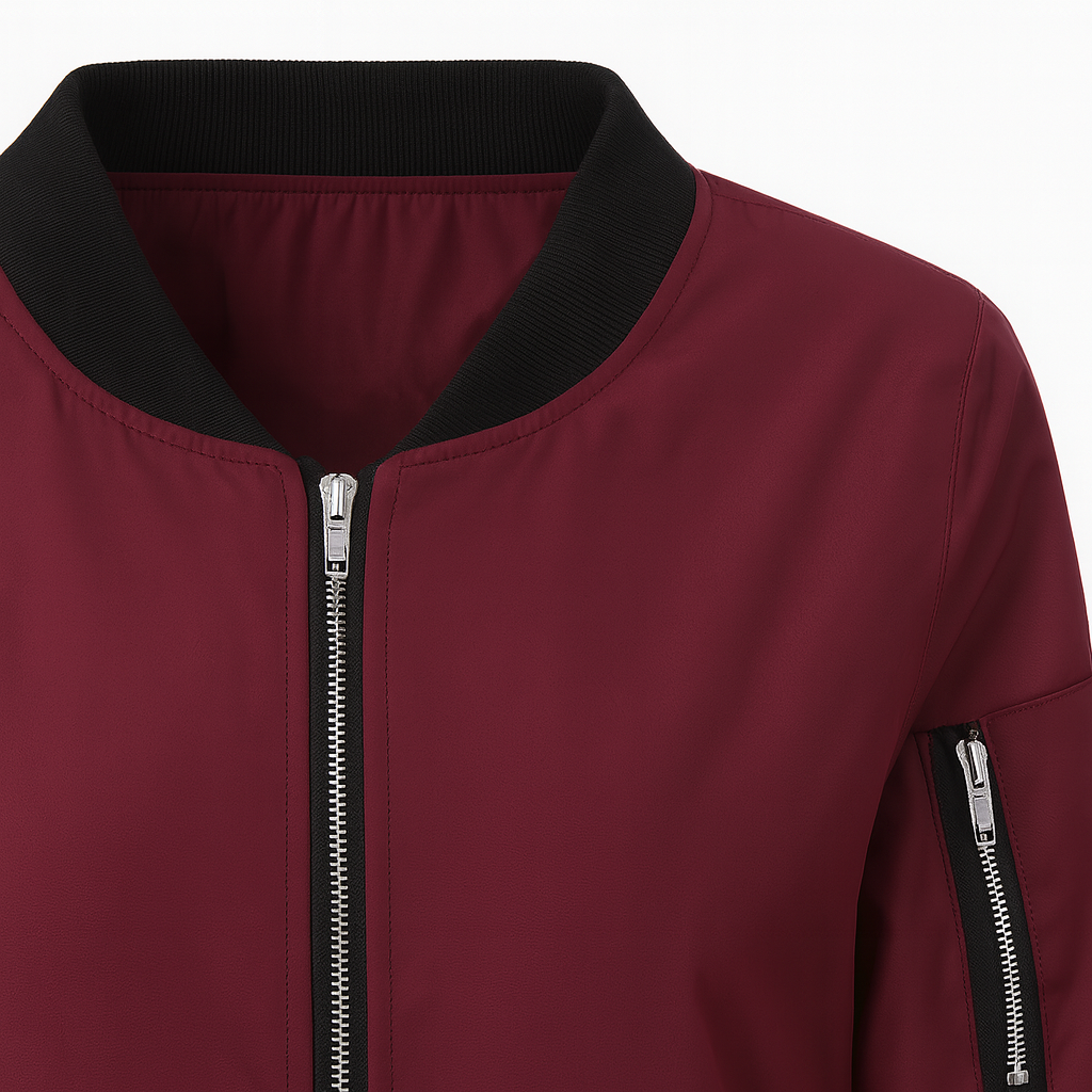 Bomber jacket with a front zipper closure, ribbed cuffs and hem, and zip pocket on the sleeve.