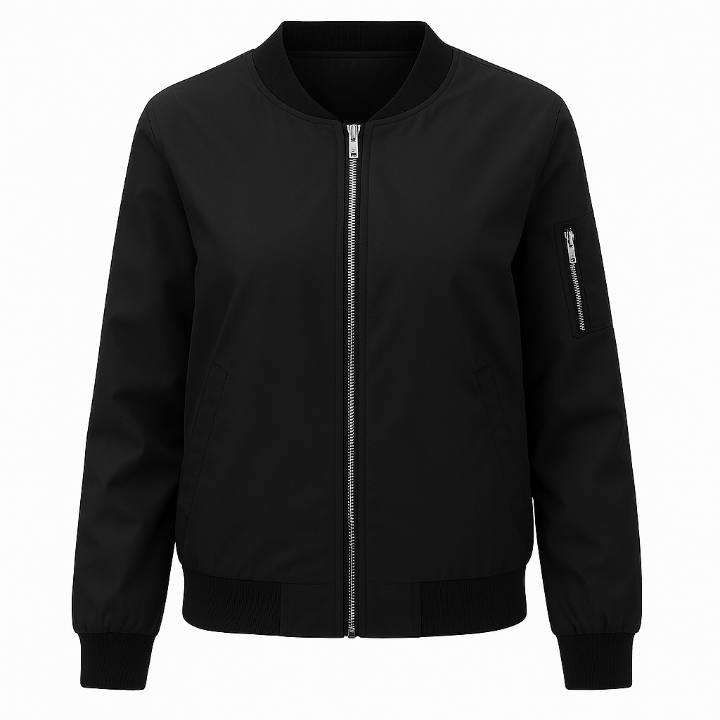 Bomber jacket with a front zipper closure, ribbed cuffs and hem, and zip pocket on the sleeve.