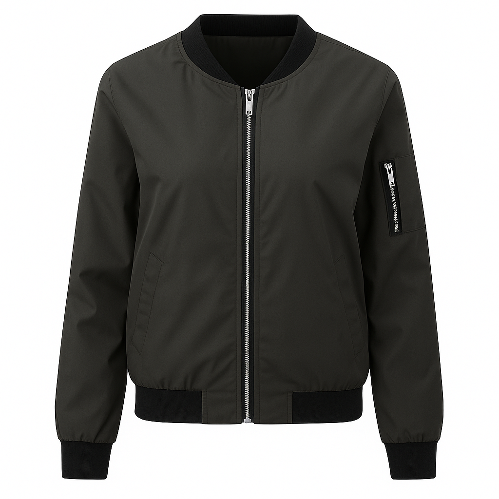 Bomber jacket with a front zipper closure, ribbed cuffs and hem, and zip pocket on the sleeve.