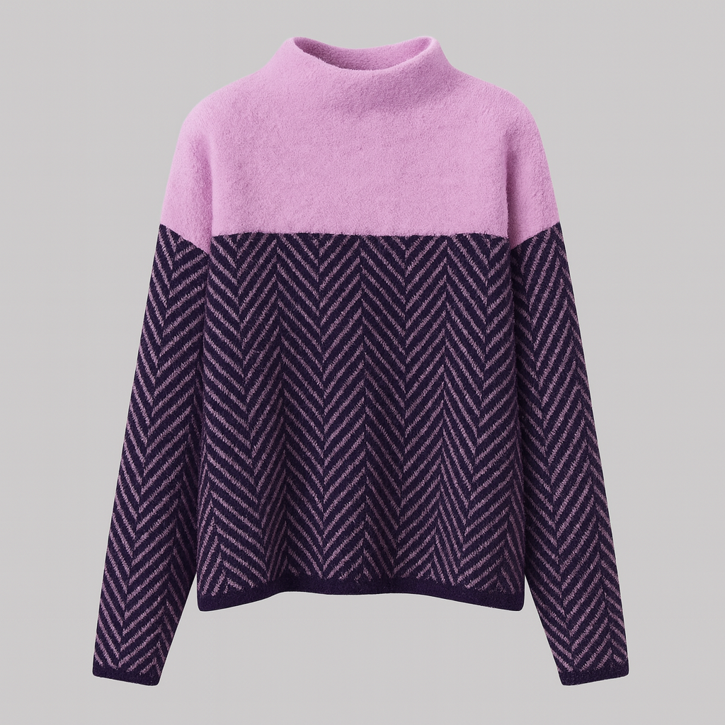 Knit sweater with high crew neckline, solid upper panel, and chevron pattern design on body and sleeves, styled for casual wear