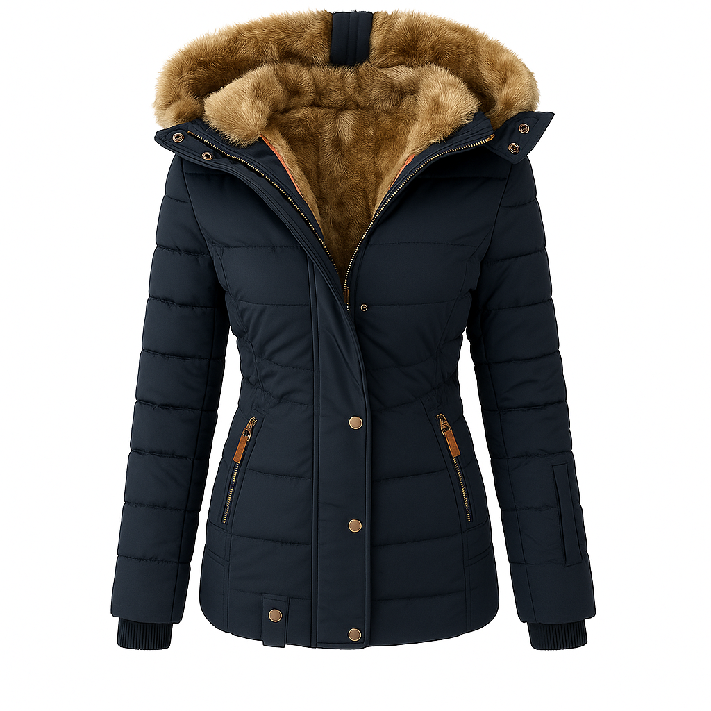Puffer jacket with a front zipper and snap closure, zippered side pockets, ribbed cuffs, and a fur-lined hood.