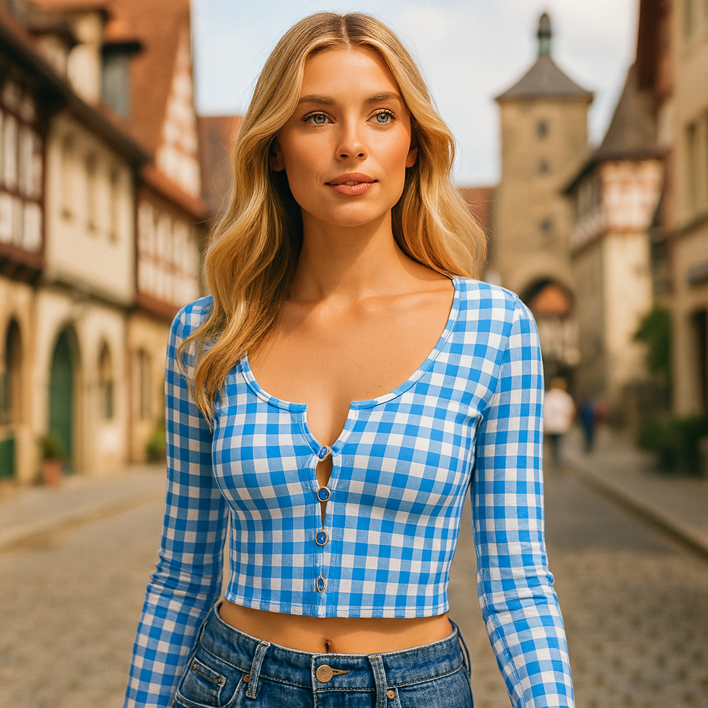 Blue and white gingham cropped button front top with scoop neckline, styled with high waist trousers