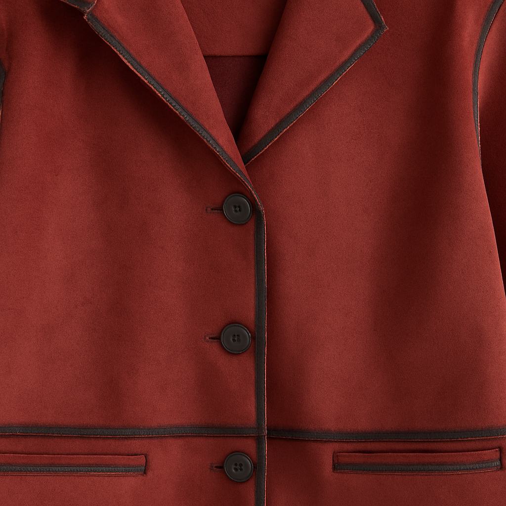 Deep red faux suede jacket with notched lapel and button front closure, featuring a structured relaxed silhouette