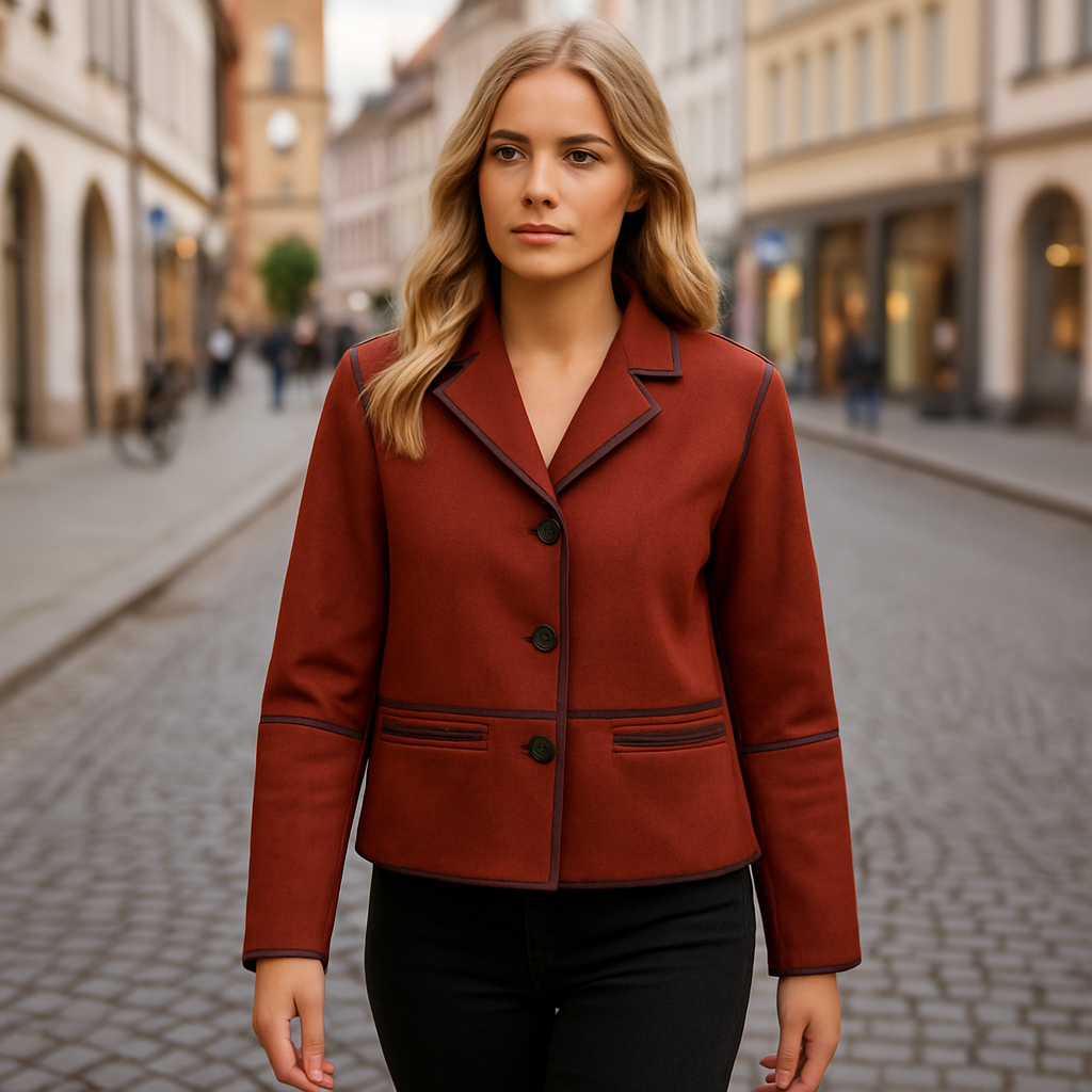 Deep red faux suede jacket with notched lapel and button front closure, featuring a structured relaxed silhouette
