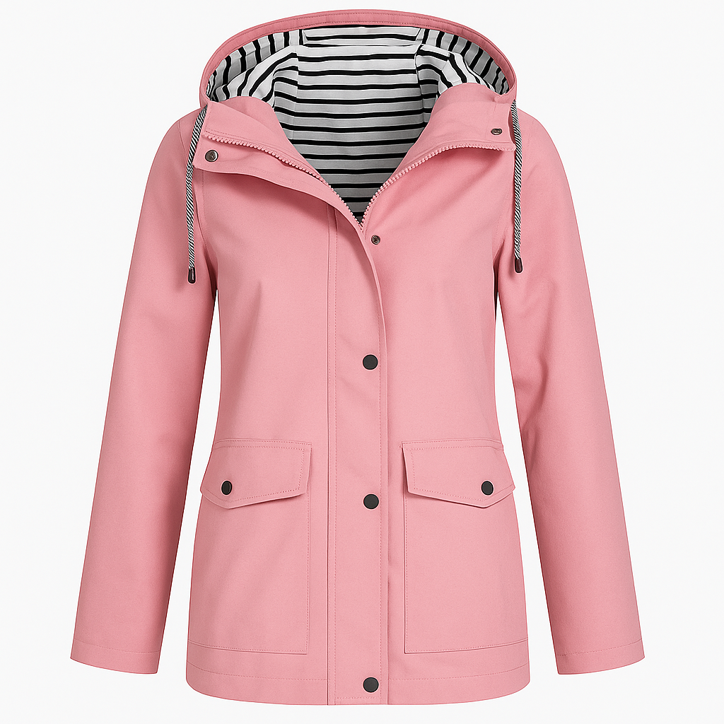 Rain jacket with a striped inner lining, front snap buttons, zipper closure, drawstring hood, and two flap pockets.