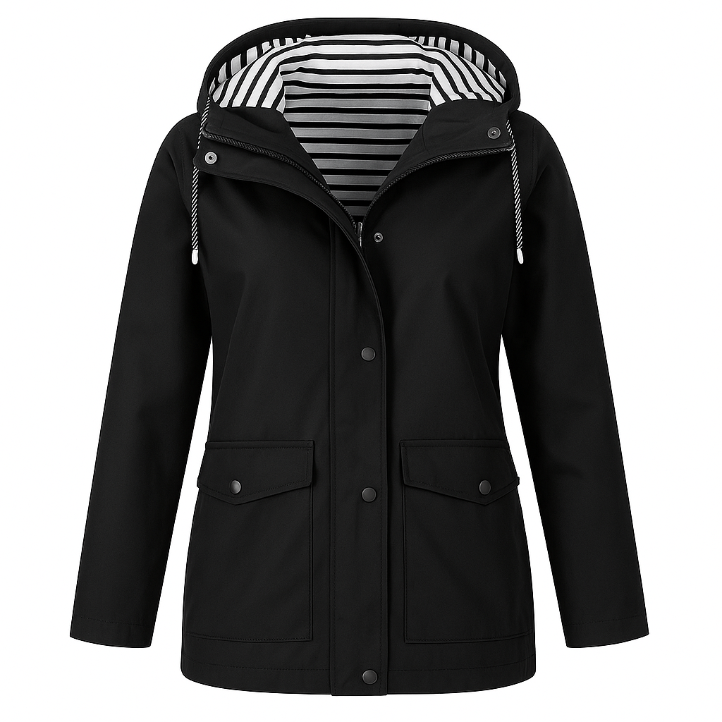 Rain jacket with a striped inner lining, front snap buttons, zipper closure, drawstring hood, and two flap pockets.