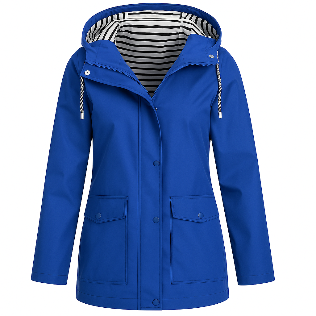 Rain jacket with a striped inner lining, front snap buttons, zipper closure, drawstring hood, and two flap pockets.