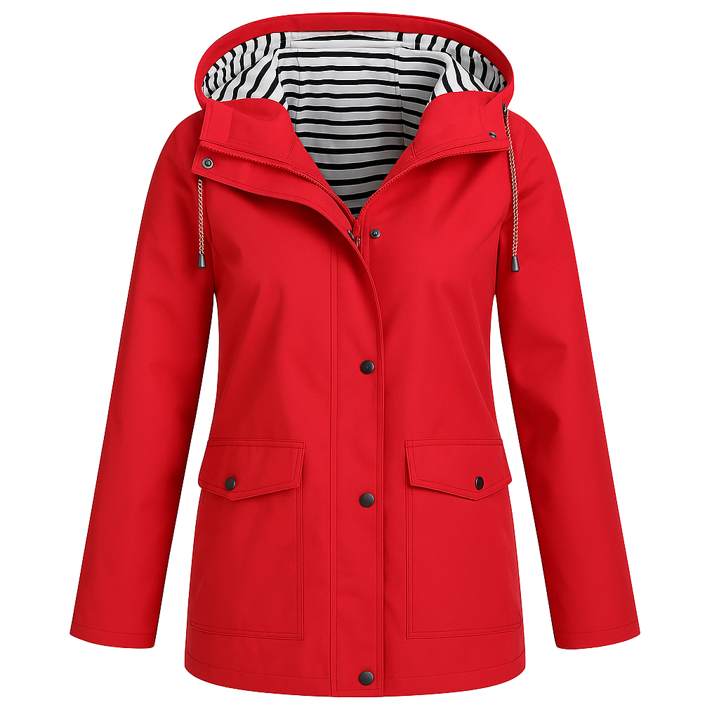 Rain jacket with a striped inner lining, front snap buttons, zipper closure, drawstring hood, and two flap pockets.