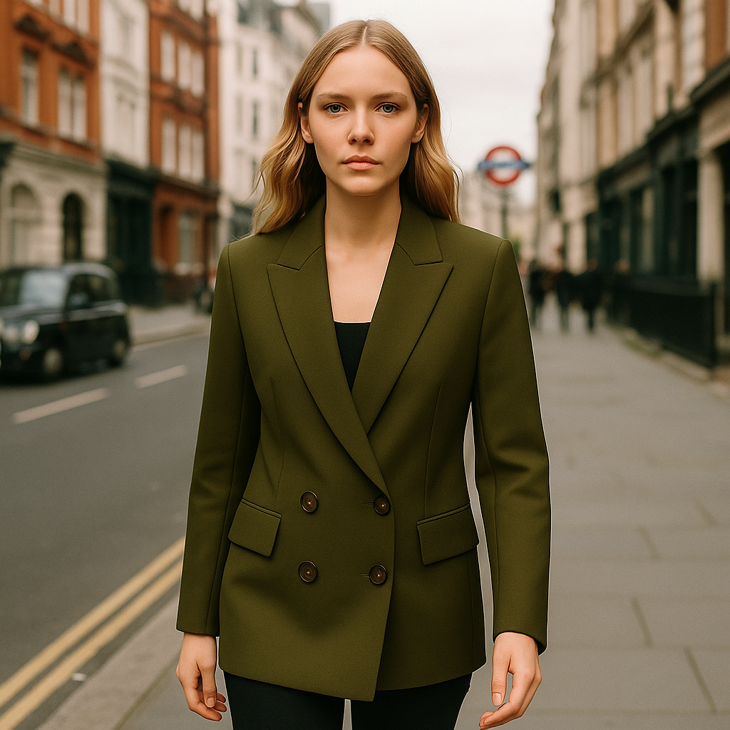 Double-breasted blazer with a tailored longline silhouette, notched lapel, structured fabric, button fastening, and side flap pockets.