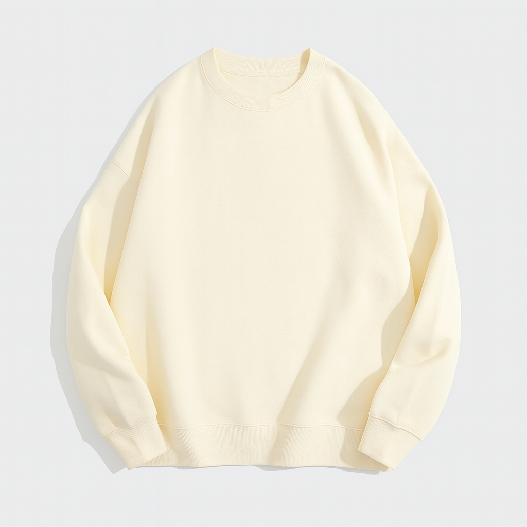 A plain crewneck sweatshirt with long sleeves, ribbed cuffs, hem, and neckline, featuring a relaxed fit.