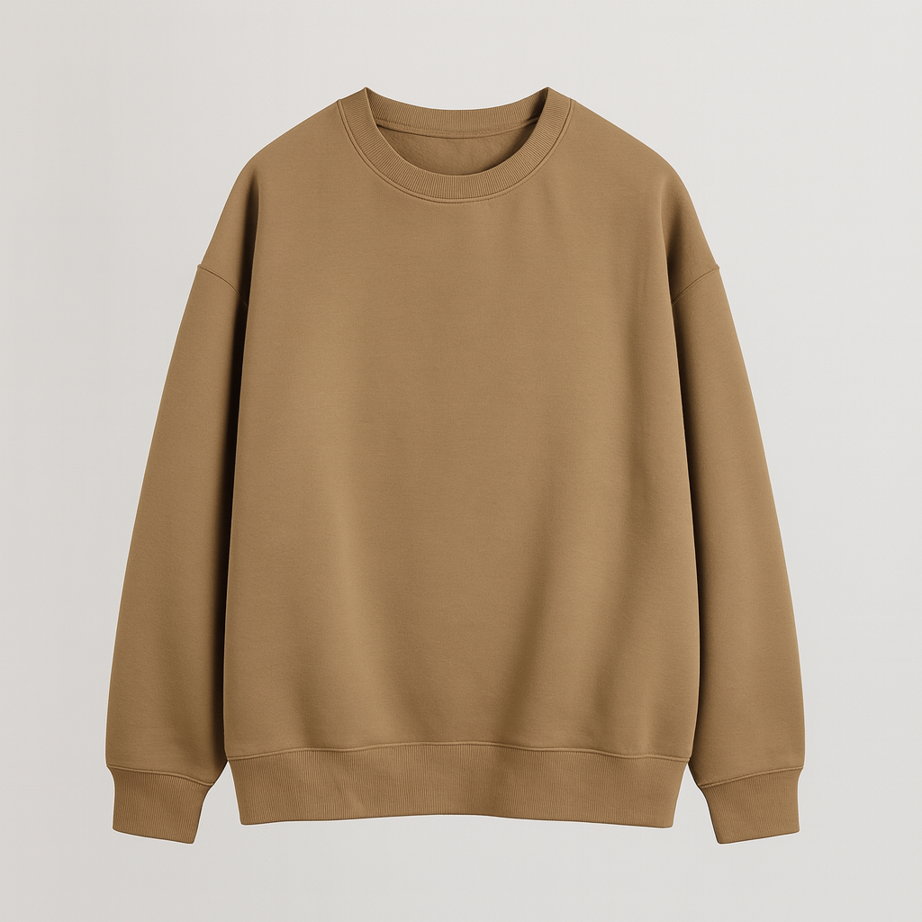 A plain crewneck sweatshirt with long sleeves, ribbed cuffs, hem, and neckline, featuring a relaxed fit.