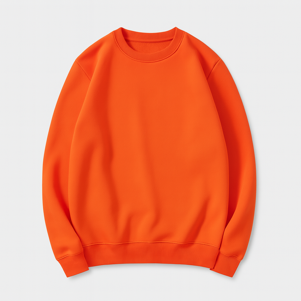 A plain crewneck sweatshirt with long sleeves, ribbed cuffs, hem, and neckline, featuring a relaxed fit.