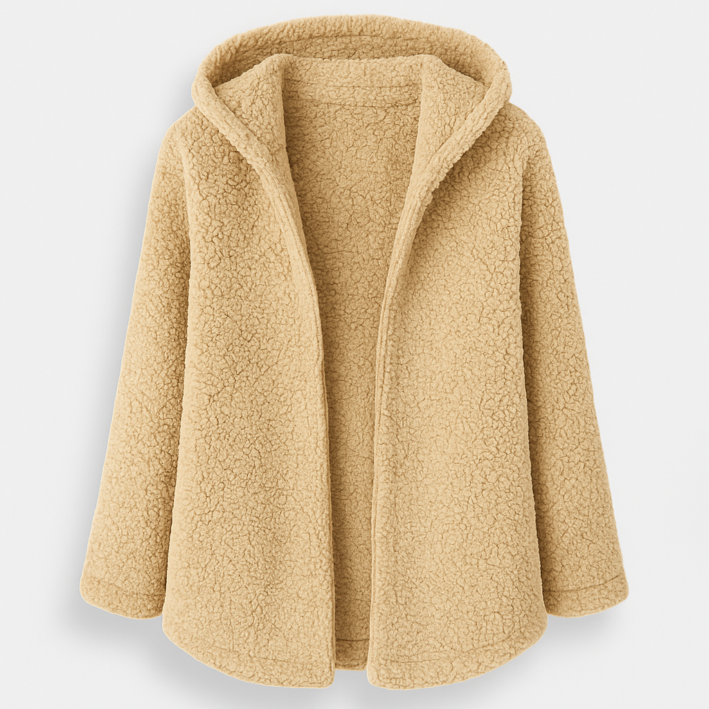 A hooded fleece jacket with an open front design, long sleeves, and a soft, textured sherpa finish.