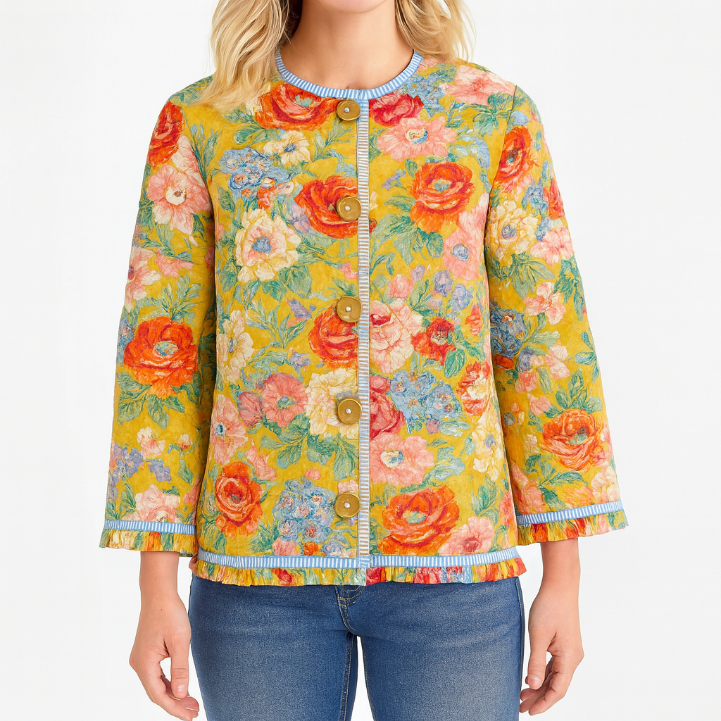 Long-sleeve quilted jacket with a round neckline, open front, and front patch pockets.