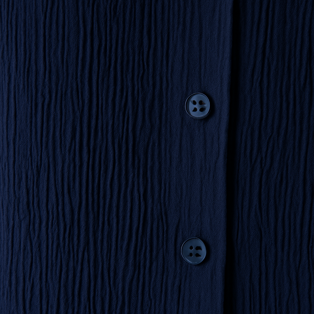 Navy blue relaxed-fit shirt with short sleeves, button-down front, and open collar.