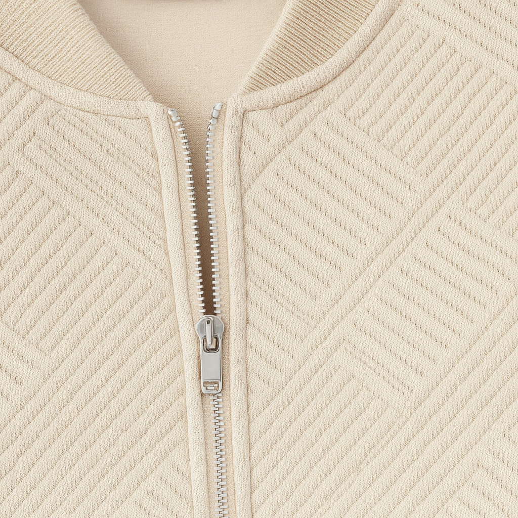 Zipper-front jacket with a geometric textured design, ribbed cuffs and hem, and a fitted silhouette.