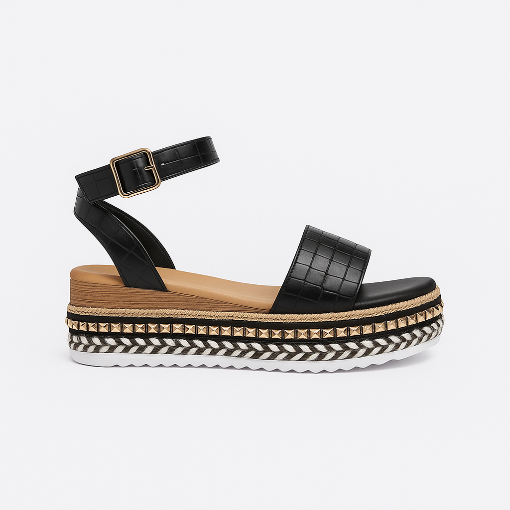 Platform sandal with ankle strap, buckle closure, and woven detailing on the midsole.
