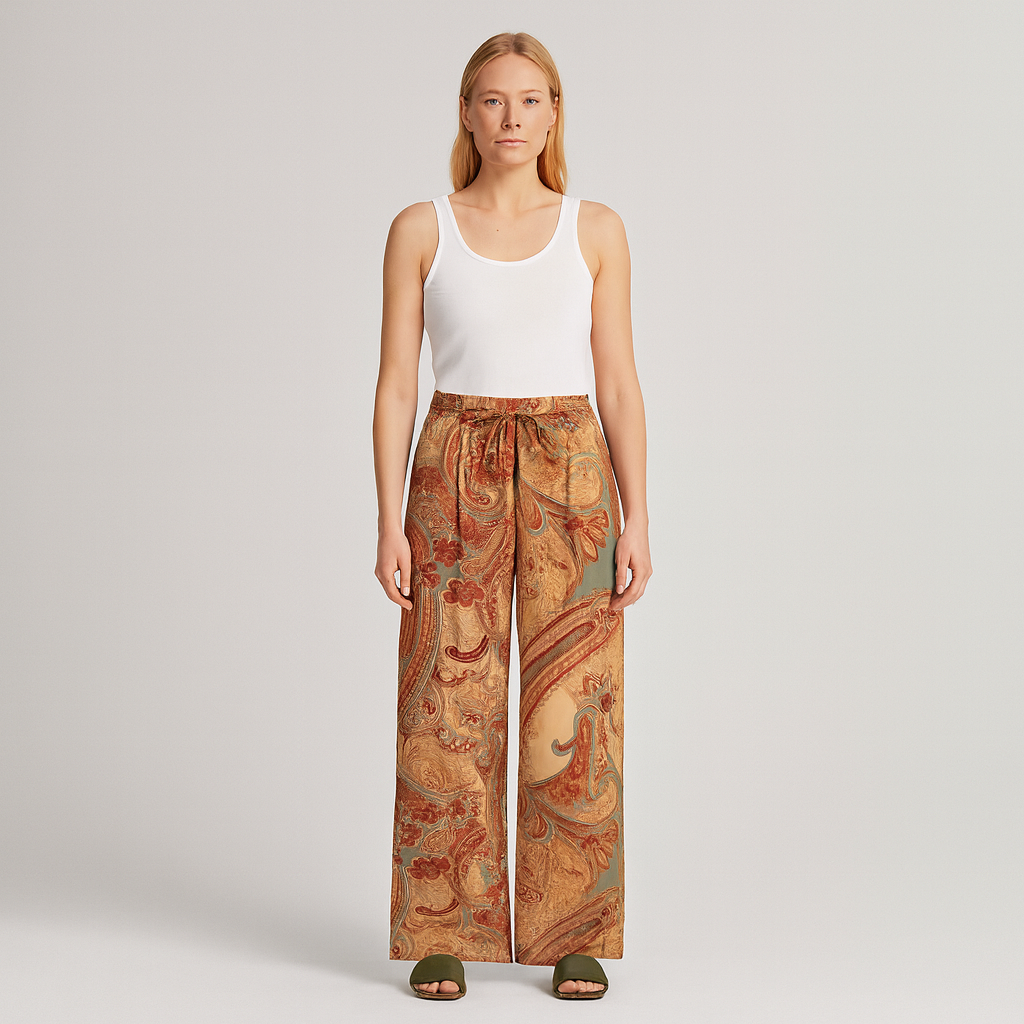 Wide-leg paisley print pants with drawstring waistband.