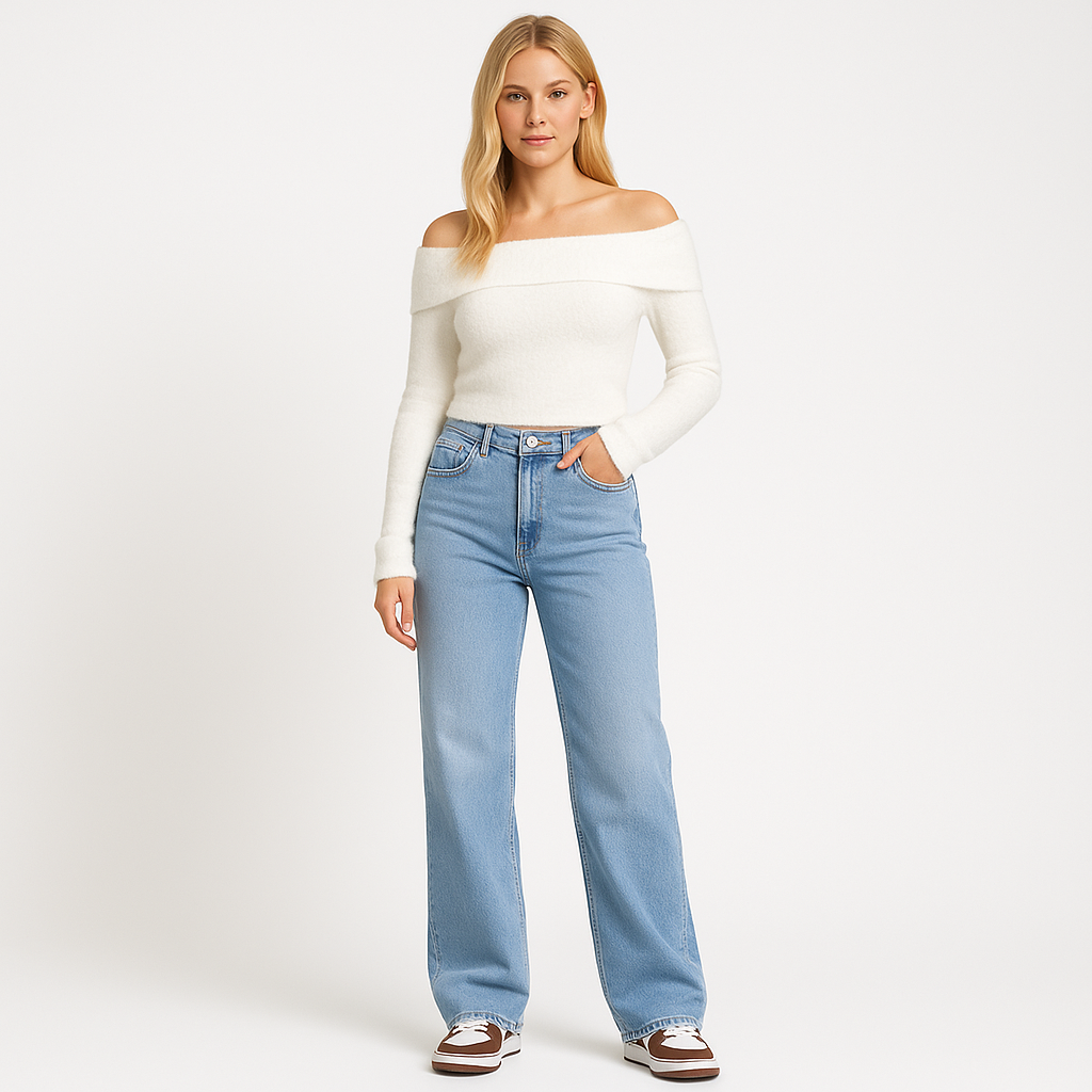 Relaxed fit denim jeans with mid-rise waist, wide-leg cut, and classic five-pocket detailing for casual everyday wear
