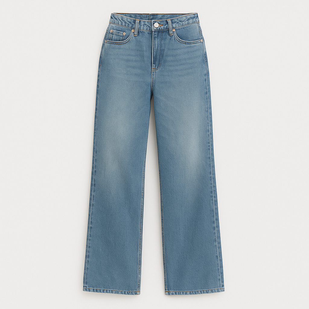 Relaxed fit denim jeans with mid-rise waist, wide-leg cut, and classic five-pocket detailing for casual everyday wear