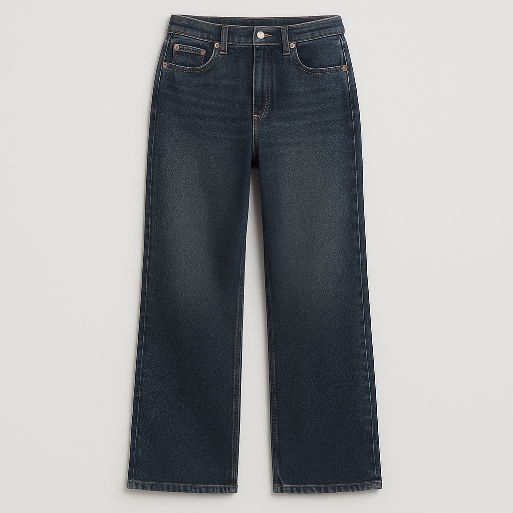 Relaxed fit denim jeans with mid-rise waist, wide-leg cut, and classic five-pocket detailing for casual everyday wear