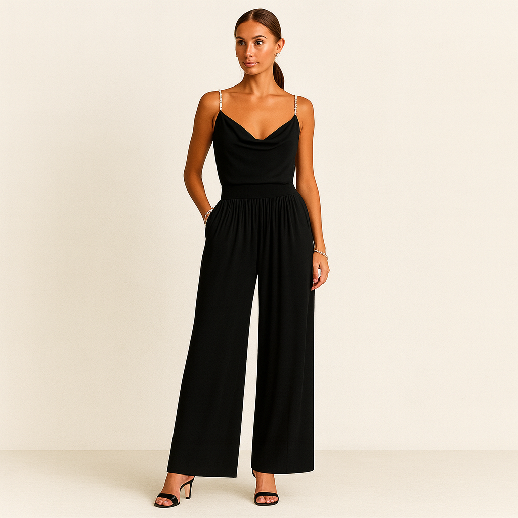 Satin jumpsuit with chain straps, draped neckline, and wide-leg design