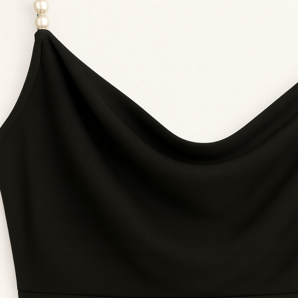 Satin jumpsuit with chain straps, draped neckline, and wide-leg design