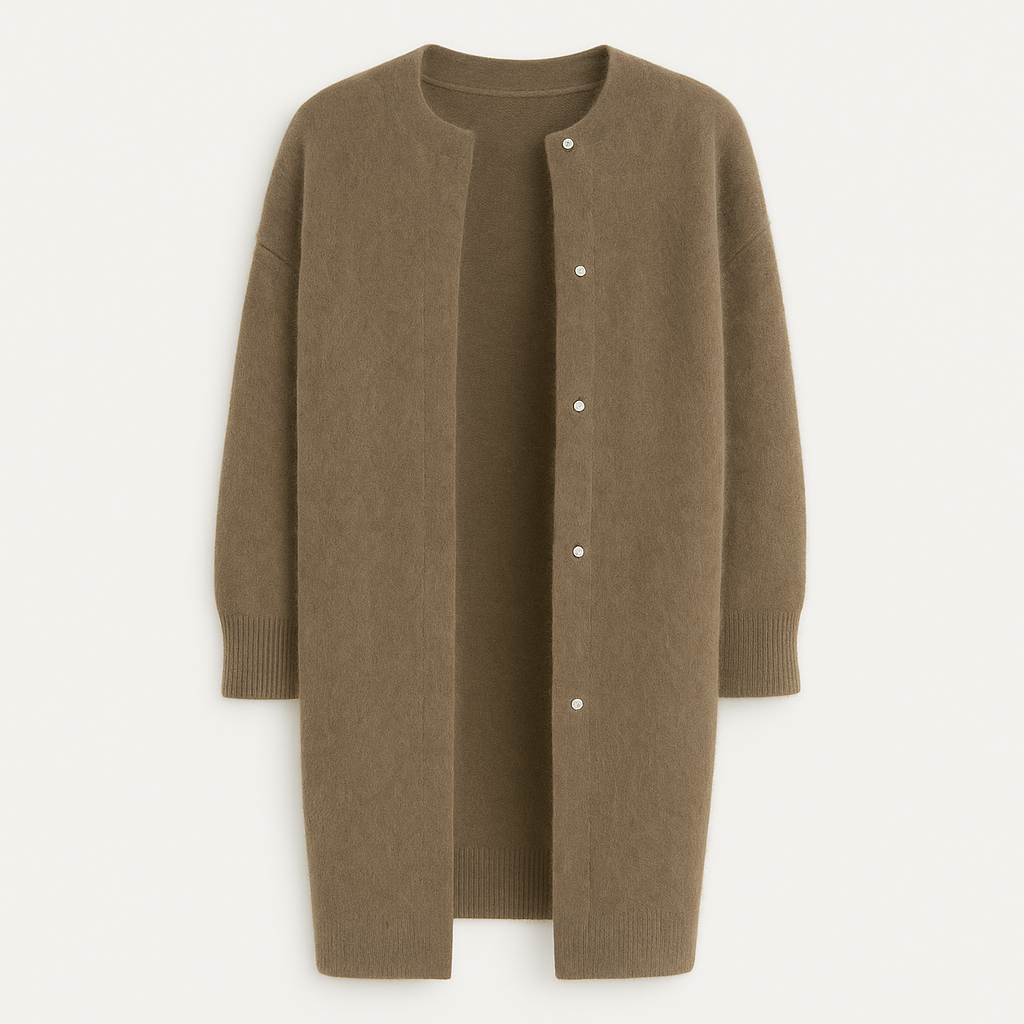 Longline open-front cardigan with round neckline, ribbed cuffs, and snap-button detailing for elegant layering