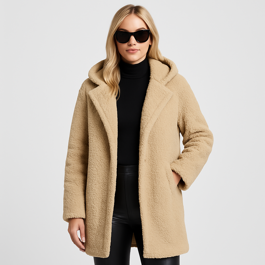 Hooded teddy coat with open front and side pockets, designed for cozy cold-weather layering