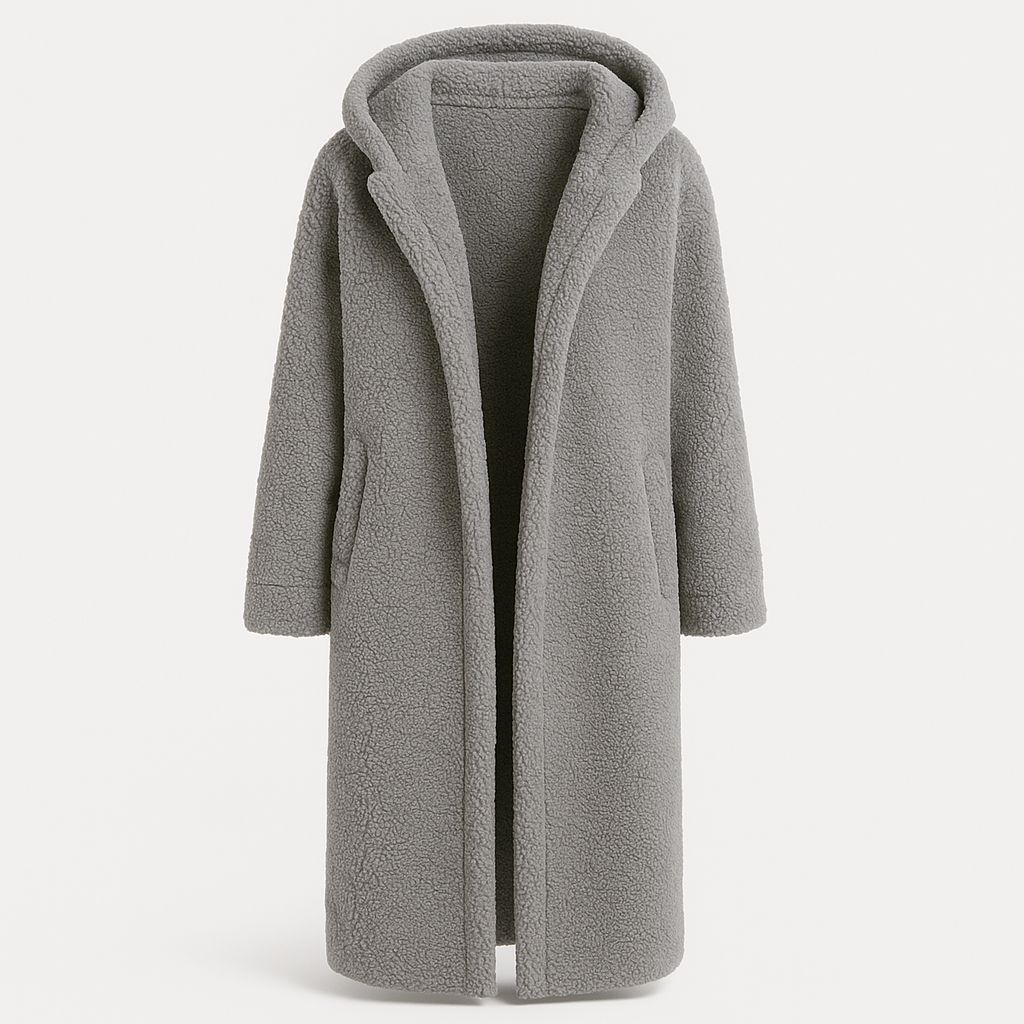 Hooded teddy coat with open front and side pockets, designed for cozy cold-weather layering