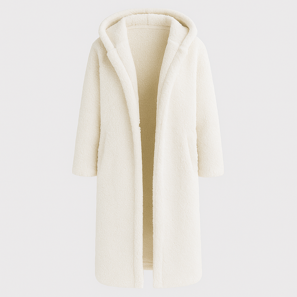Hooded teddy coat with open front and side pockets, designed for cozy cold-weather layering
