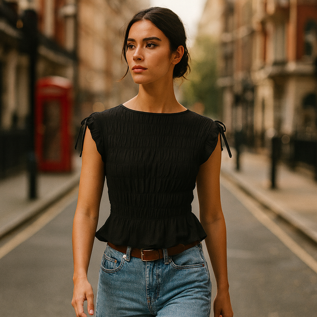 a black ruched top with bow-tie cap sleeves and a peplum hem