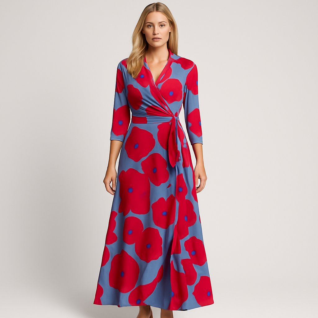 Wrap dress with a notched collar, long sleeves, tie waist detail, and a high-low hemline.