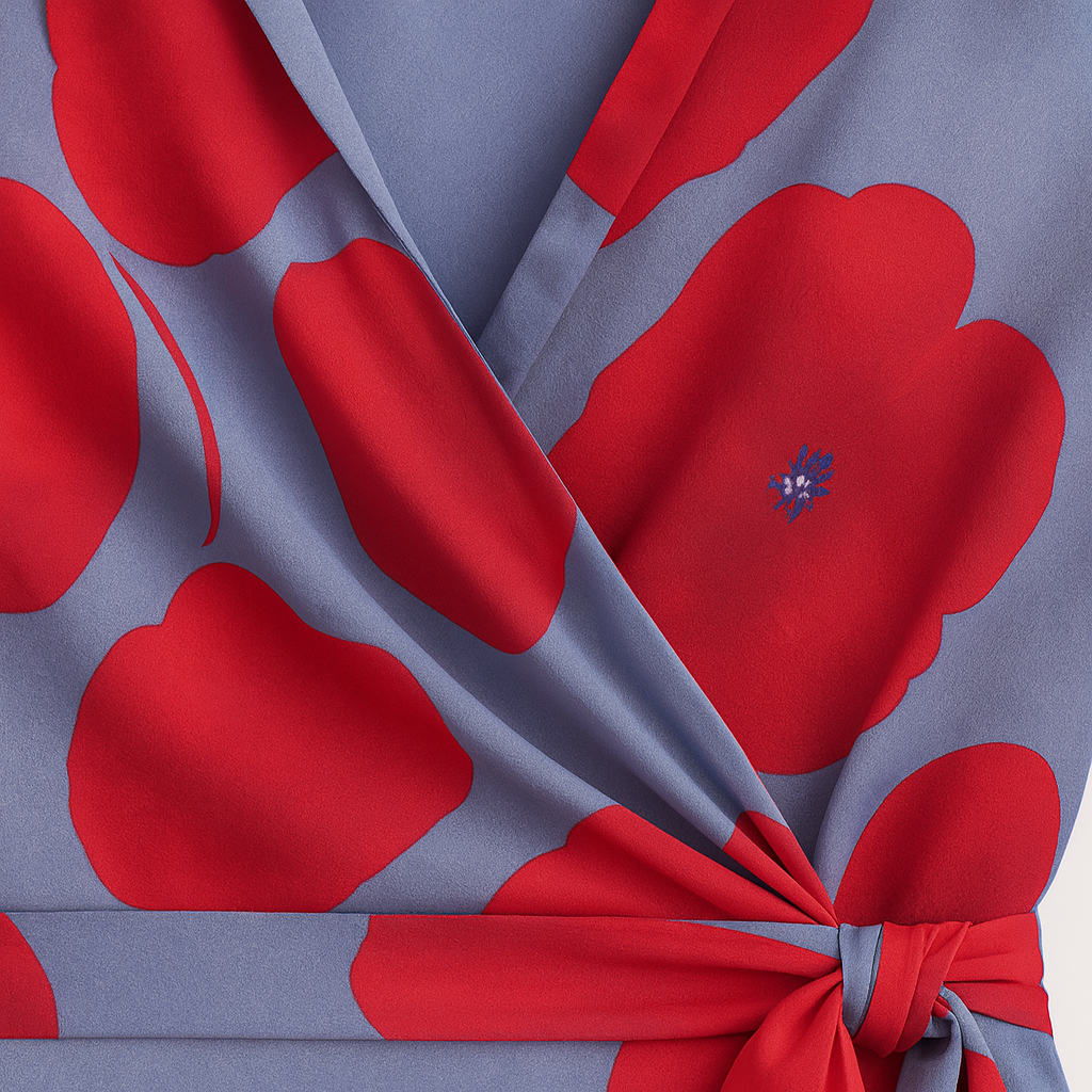 Wrap dress with a notched collar, long sleeves, tie waist detail, and a high-low hemline.