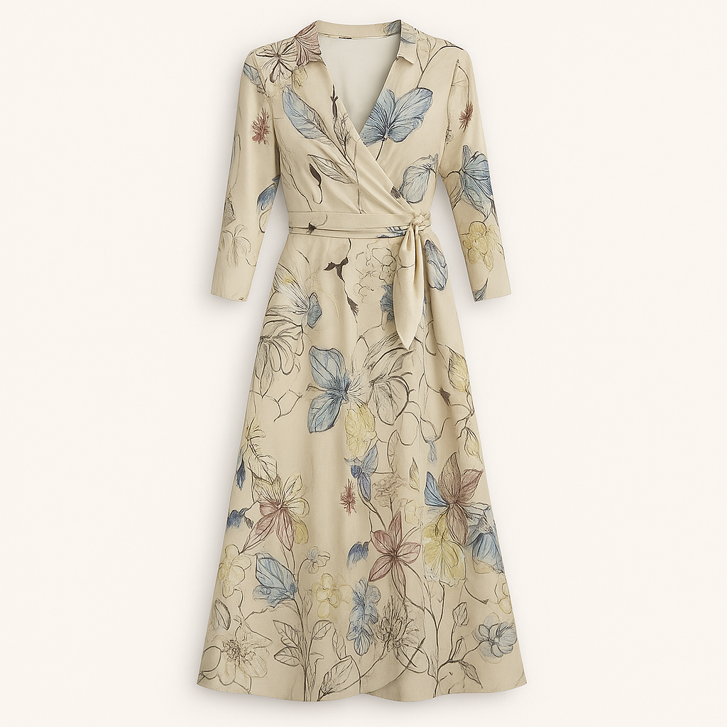 Wrap dress with a notched collar, long sleeves, tie waist detail, and a high-low hemline.