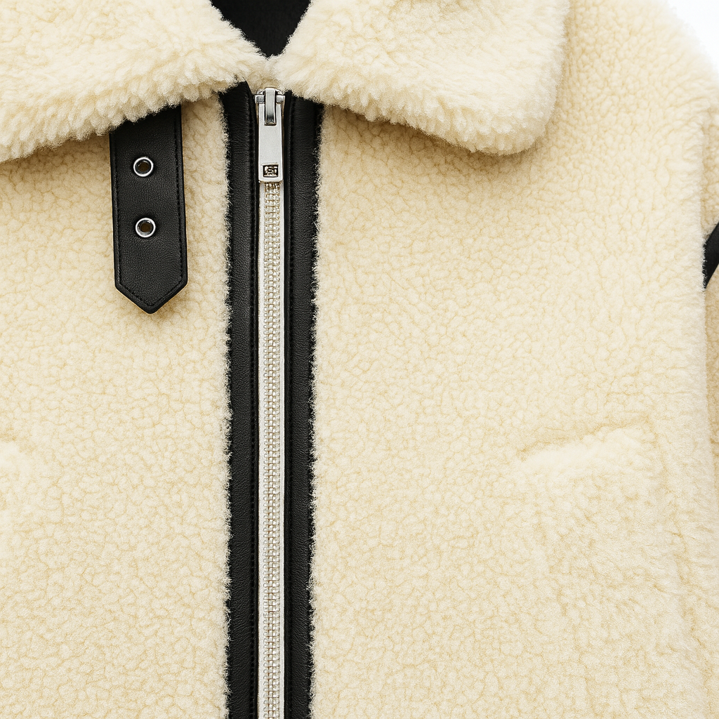 Faux shearling jacket with a front zipper, wide collar, buckle detail, and contrasting trim accents.