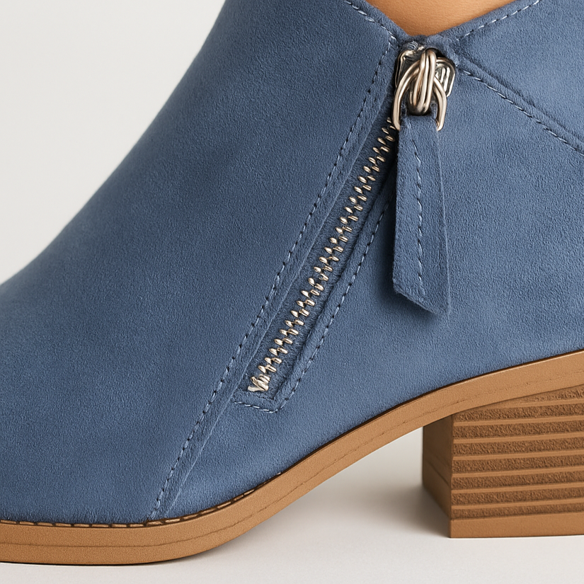 Suede ankle boots with side zips, smooth finish, and low stacked wooden heels.