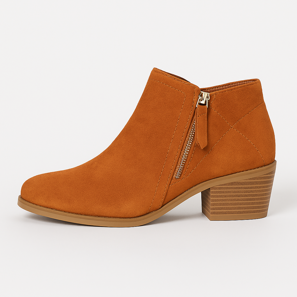 Suede ankle boots with side zips, smooth finish, and low stacked wooden heels.
