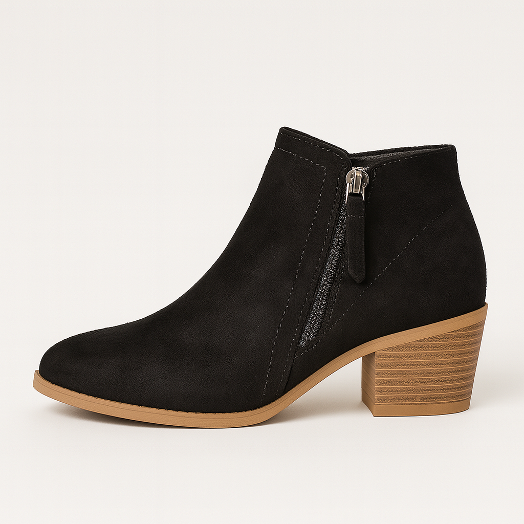 Suede ankle boots with side zips, smooth finish, and low stacked wooden heels.