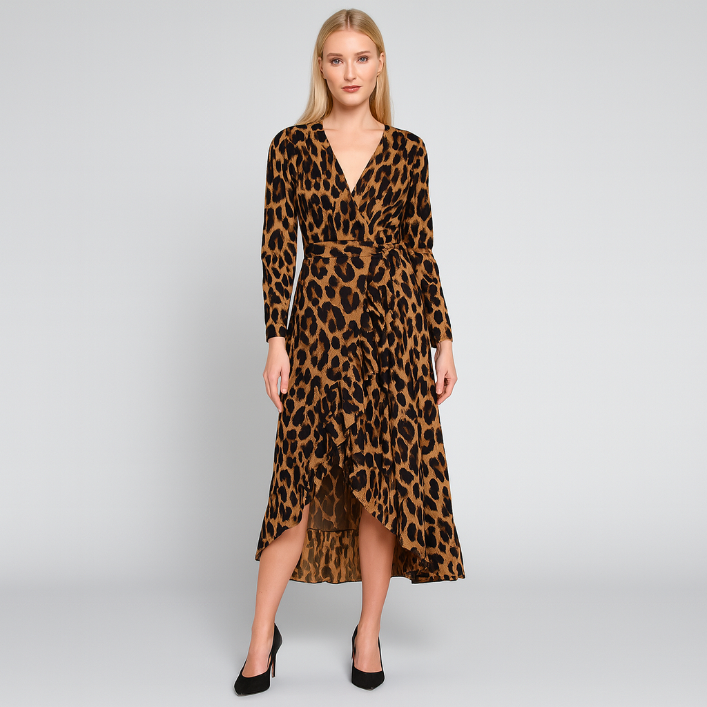 Wrap midi dress with long sleeves, a tie waist detail, and a ruffled hemline.