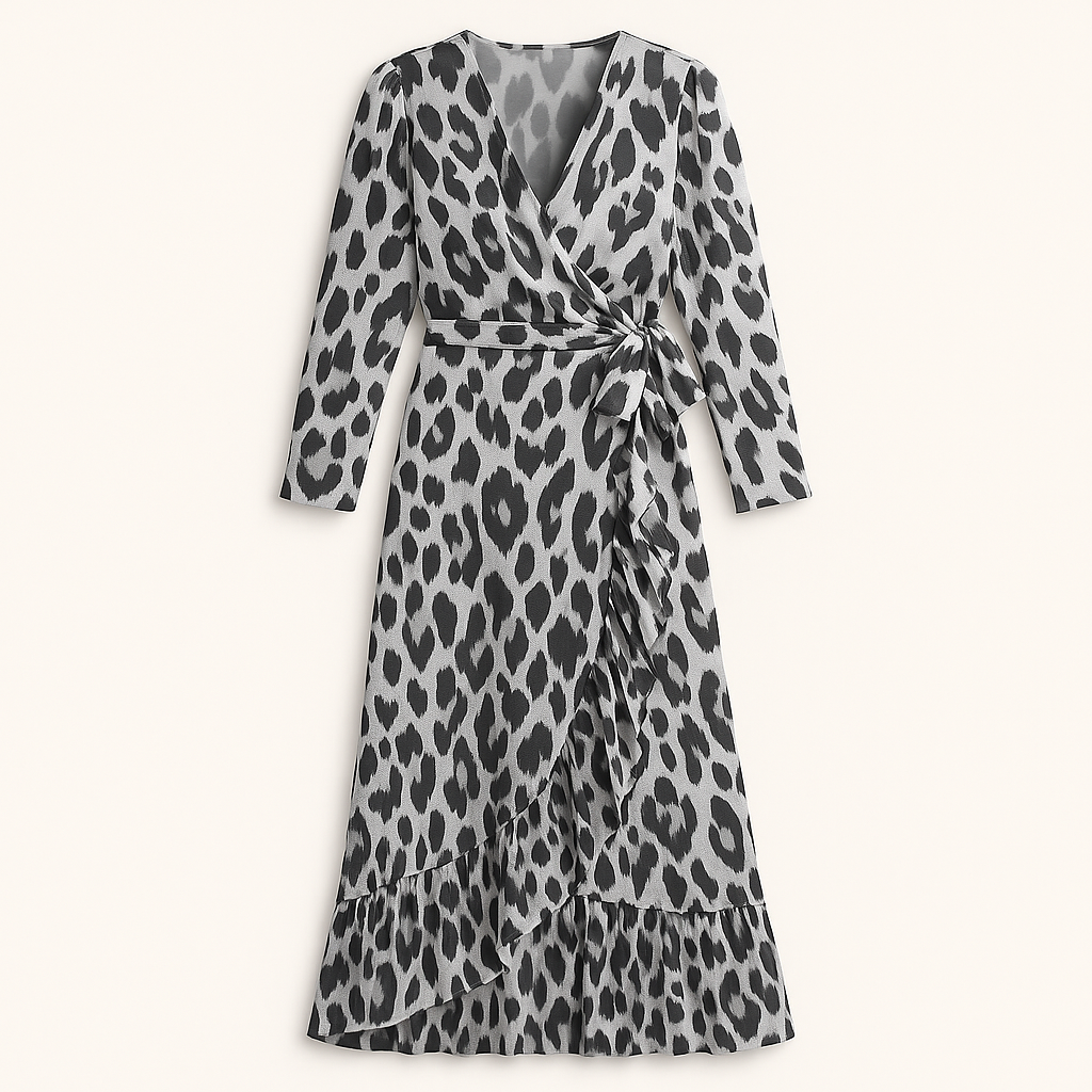 Wrap midi dress with long sleeves, a tie waist detail, and a ruffled hemline.