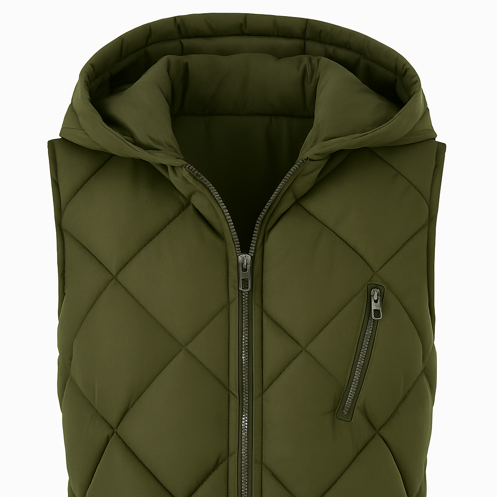 Sleeveless quilted vest with a front zipper closure, hood, and zippered side pockets.