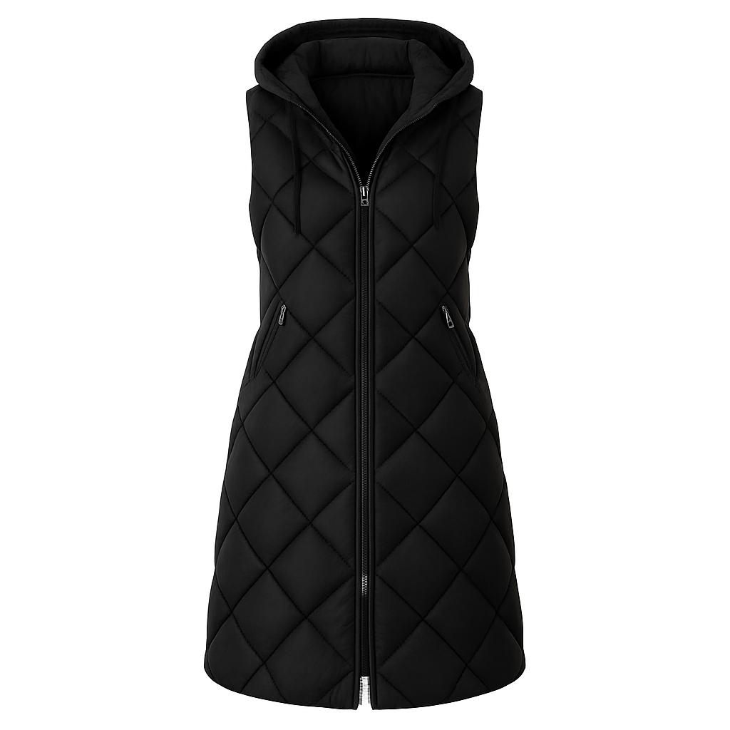 Sleeveless quilted vest with a front zipper closure, hood, and zippered side pockets.