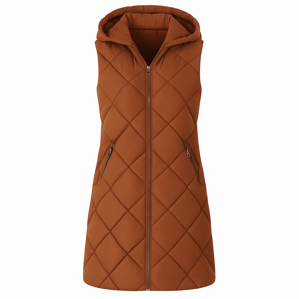 Sleeveless quilted vest with a front zipper closure, hood, and zippered side pockets.