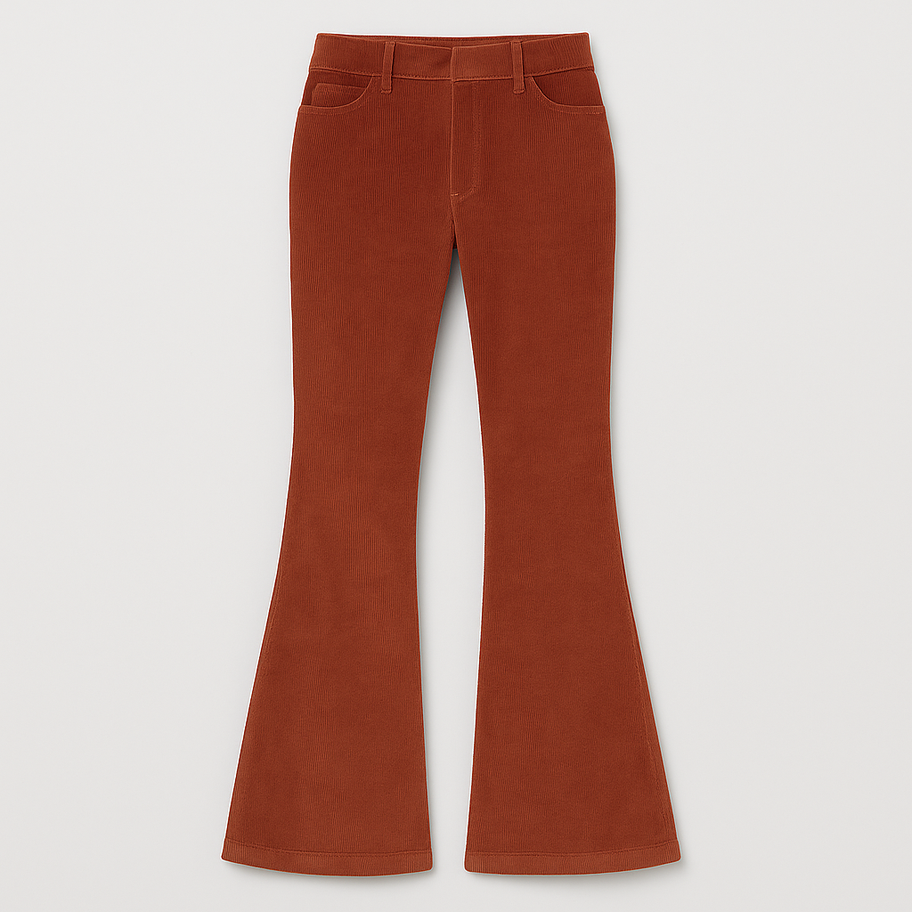 Corduroy flare pants styled with a relaxed sweater and heels for an effortlessly modern look.