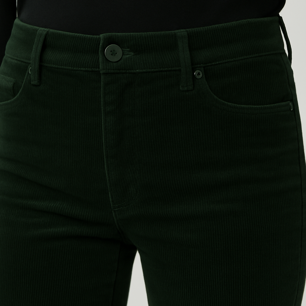 Corduroy flare pants styled with a relaxed sweater and heels for an effortlessly modern look.